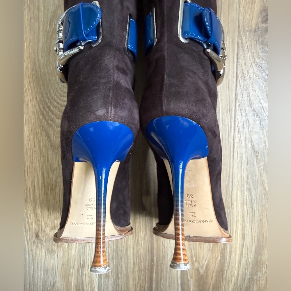 Gianmarco Lorenzi Brown Suede Knee High Boots Blue Patent Heel Size 39 - Picture 9 of 10